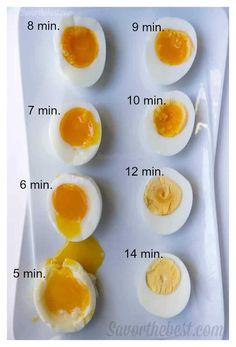 hard boiled eggs on a white tray with the measurements for each egg and how to make them