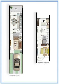 two story house plans with one car parked in the middle and another on the second floor