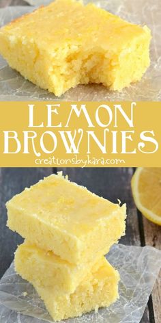 lemon brownies stacked on top of each other with the words lemon brownies above them