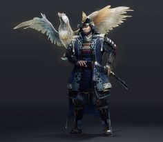 an animated character with wings and armor, holding a bird on his arm while standing in front of a dark background