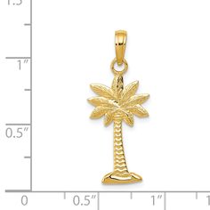 Tie the meaning to the moment with a classic or unusual pendant that makes it personal, thoughtful, or meaningful. This palmetto palm tree pendant crafted in 14k yellow gold features a polished and textured design. The approximate size is 12mm (7/16 inch) in width by 28mm (1 1/8 inch) in length with the bail. This item does not include a chain. Palmetto Tree, Palm Tree Necklace, Palm Tree Pendant, Silver Picture Frames, Bow Jewelry, Tree Pendant, Gold Price, Gold Polish, Fine Jewelry Gift