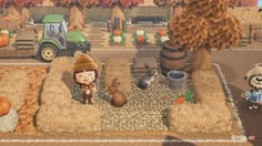 an animated farm scene with animals, hay and pumpkins