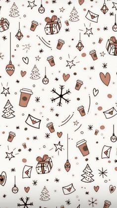 a white background with brown and black christmas ornaments, stars, and snowflakes