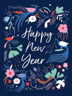 a happy new year card with birds, flowers and leaves on the front in blue