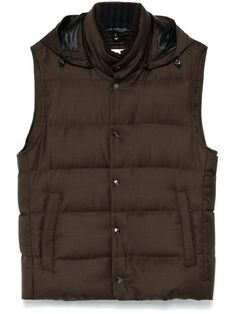 coffee brown wool twill weave feather down padded design quilted front press-stud and zip fastening high neck detachable drawstring hood sleeveless two press-stud fastening side pockets detachable panels internal zip-fastening pockets full lining straight hem Luxury Winter Vest For Workwear, Luxury Winter Workwear Vest, Luxury Sleeveless Outerwear For Fall, Fall Vest With Detachable Hood, Fall Sleeveless Vest With Detachable Hood, Sleeveless Vest With Detachable Hood For Fall, Brown Sleeveless Vest For Cold Weather, Sleeveless Brown Outerwear For Outdoor, Wool Winter Vest Outerwear