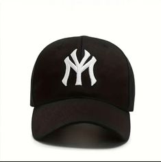 the new york yankees'black and white logo hat is shown in front of a white background