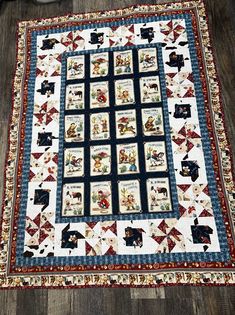 a quilted table topper on the floor with an image of children's pictures