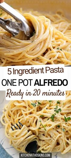 there are three different types of pasta on this plate with the words, 5 ingredient pasta one pot alfredo ready in 20 minutes