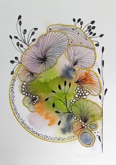 watercolor and ink drawing of flowers on paper