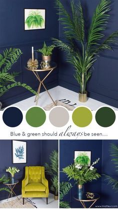 blue and green color scheme for living room with chair, table and potted plants