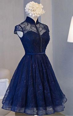 Elegant Royal Blue A-line Dress, Navy A-line Evening Dress, Blue A-line Mini Dress For Wedding, Blue A-line Mini Dress For Banquet, Blue Knee-length Mini Dress For Wedding, Blue Knee-length Wedding Mini Dress, Royal Blue Knee-length Dress For Wedding, Blue Lace Dress For Banquet, Royal Blue Knee-length Wedding Dress