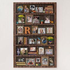 the family photo collage is displayed on a wooden shelf with many pictures and letters