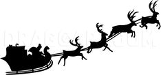 santa's sleigh with his reindeers flying in the sky silhouetted against a white background