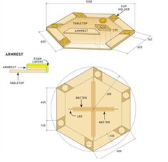 the plans for an octagonal table are shown in yellow and blue, with measurements on each side