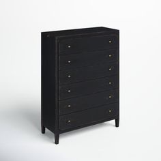 an old black chest of drawers with brass knobs on the front and bottom, against a white background