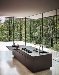 a modern kitchen with an island countertop and large glass windows overlooking the forest outside