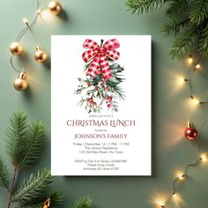 an image of christmas lunch flyer on a green background with ornaments and lights around it