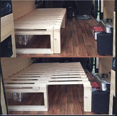 the inside of a camper van with wood flooring and storage compartments on each side