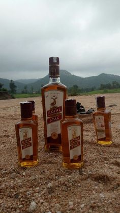 four bottles of liquor sitting on top of a dirt field next to a bottle of alcohol