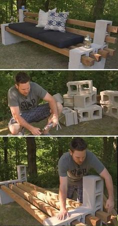 the man is building his own bed out of pallet wood and cinder blocks in order to make it look like he's working on construction