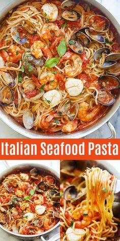 pasta with shrimp, clams and tomato sauce in a skillet