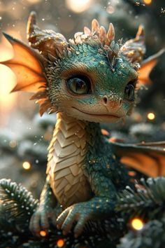 a small green dragon sitting on top of a christmas tree with lights in the background