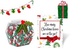 christmas kisses are in the jar next to a card