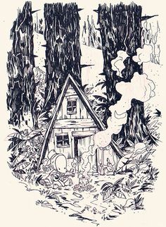 a drawing of a house in the woods