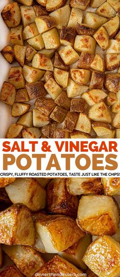 the recipe for salt and vinegar potatoes is shown in this image with text overlay