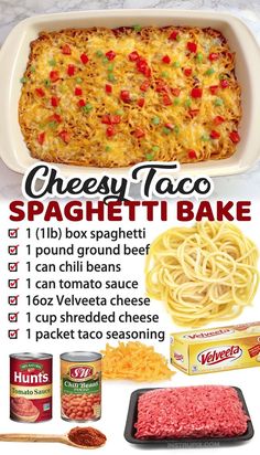 an advertisement for cheesy taco spaghetti bake with instructions to make it