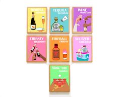 six coasters with different types of alcohol and wine related items on them, arranged in the shape of squares