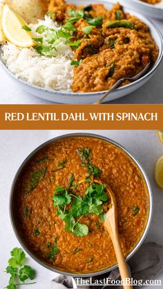 red lentil dali with spinach and rice in a silver bowl on a white surface