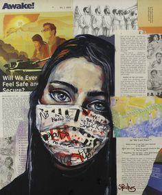 a woman's face is covered with newspaper clippings