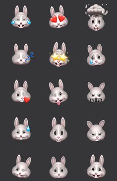 some bunny faces with different expressions and colors on them, all in different positions to look like