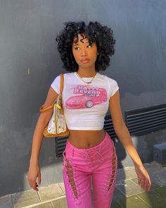 Slim Fit Crop Top, K Fashion, Grunge Look, 2000s Fashion Outfits, Top Streetwear, Summer Crop Tops, Pink Crop Top, Top Crop, Pink Outfits