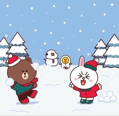 a cartoon bear and bunny are playing in the snow with each other on christmas day