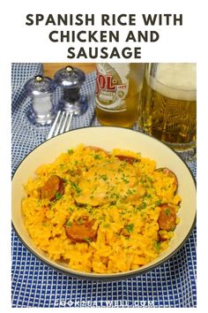 spanish rice with chicken and sausage in a white bowl