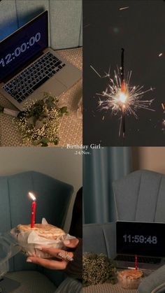 a laptop computer sitting on top of a desk next to a plate with food and a lit candle