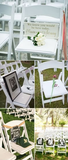 white folding chairs with signs and flowers on them for an outdoor wedding ceremony or reception