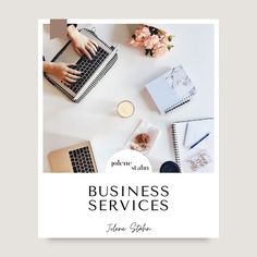 the business services brochure is displayed on a table with flowers and laptops