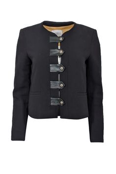 Current Boutique-Sandro - Black w/ Leather Strap & Gold Button Jacket Sz 6 Sandro Jacket, Button Jacket, Quiet Luxury, Jacket Buttons, Gold Buttons, Timeless Classic, Classic Looks, Shoulder To Shoulder, Inside Pocket