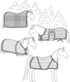 three horses wearing sweaters and standing in front of snow covered trees, one horse is looking