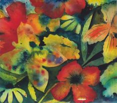 a painting of colorful flowers and butterflies