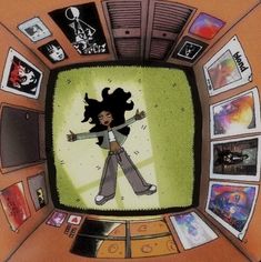 an image of a cartoon character on the television screen with many pictures around it and in the center