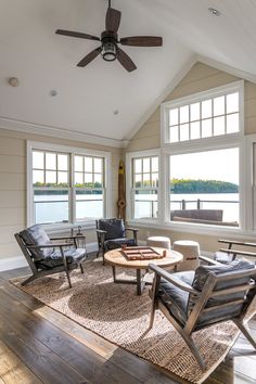 a living room filled with furniture and large windows next to a wooden floor covered in hard wood