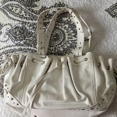 Anne Fontaine White Purse It Has A Few Stains On The Indide And On Top Of Bag As Shown In Photos L Haven't Tried To Clean It . No Rips Or Tears.Sold As Is White Purse, White Purses, Photo L, Satchel, Color White, Bag Lady, Purse, Women Shopping, White