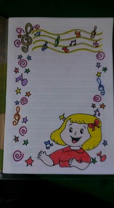 a notepad with a drawing of a girl on it and music notes in the background