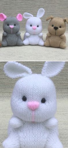 three knitted stuffed animals sitting next to each other