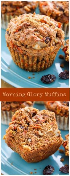 two pictures of muffins on a blue plate with the words morning glory muffins