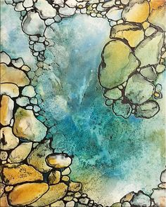 an abstract painting with rocks and water